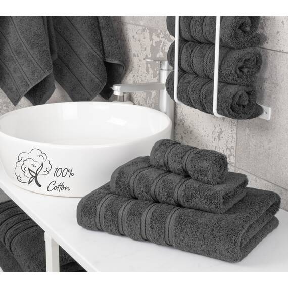 American Soft Linen Premium, luxuriöses & komplettes Set von 3-teiligem Handtuch-Set für Küche und Bad, Baumwolle für maximale Weichheit und Saugfähigkeit, grau