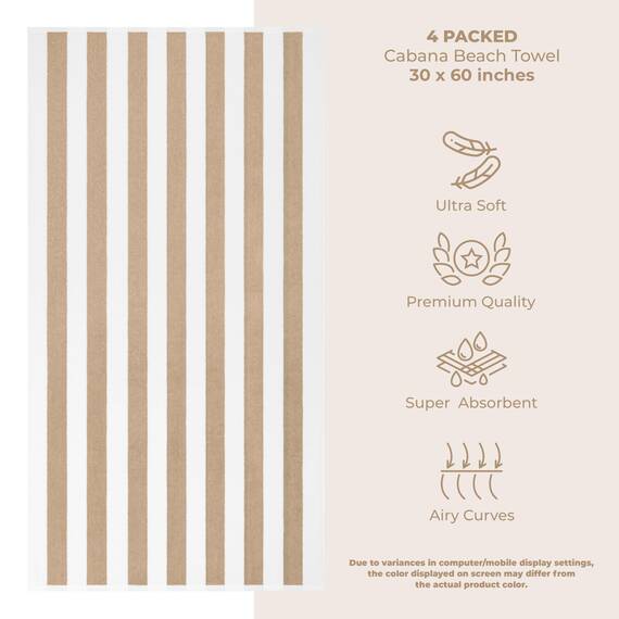 American Soft Linen Cabana gestreifte Strandtücher, 76,2 x 152,4 cm, 4 Stück, übergroße Pool-Handtücher, schnelltrocknend, sandfrei, Beige