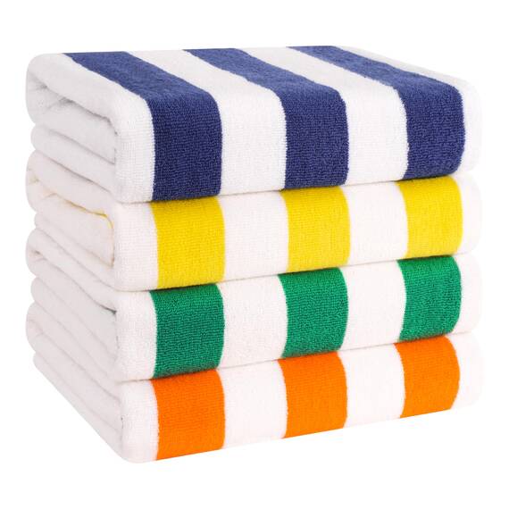 American Soft Linen Strandtücher, Cabana gestreift, 100 % Baumwolle, gemischte Farben, 76.2x152.4 cm, übergroße Strandtücher, weiche, saugfähige, sandfreie Badetücher (blau, gelb, orange), 4 Stück