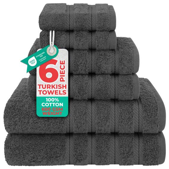 American Soft Linen 6-teiliges Handtuch-Set aus 100% türkischer echter Baumwolle für Bad und Küche, 2 Badetücher, 2 Handtücher und 2 Waschlappen, Grau