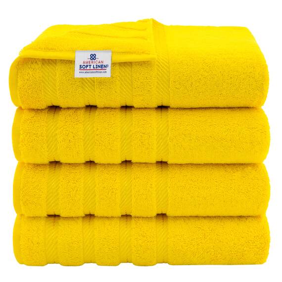 American Soft Linen Luxuriöses 4-teiliges Badetuch-Set, 100% Baumwolle, türkische Badetücher für Badezimmer, 68,6 x 137,2 cm, extra große Badezimmer-Duschtücher, gelbe Badetücher