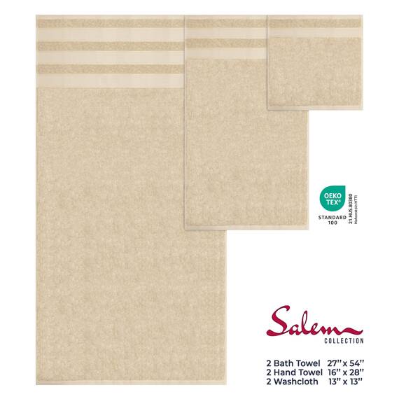 American Soft Linen Salem Türkisches Badetuch-Set, 100% Baumwolle, 600 g/m², 6 Stück Handtücher für Badezimmer, 2 Badetücher, 2 Handtücher, 2 Waschlappen, Beige