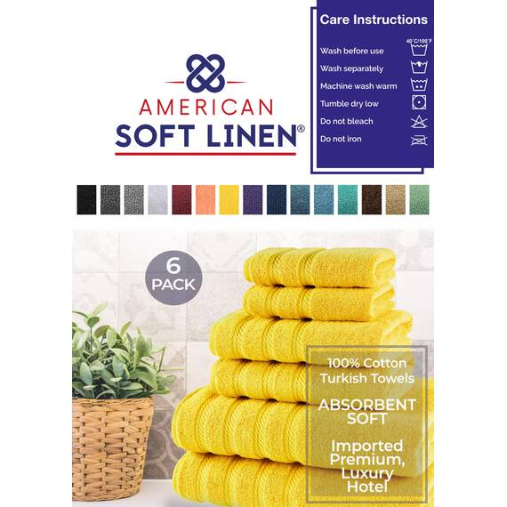 American Soft Linen Handtuch-Set, 100 % Carde-Baumwolle, 6-teilig, 590 g/m², schwer, weich, saugfähig, türkische Handtücher für Badezimmer, Sonnengelb