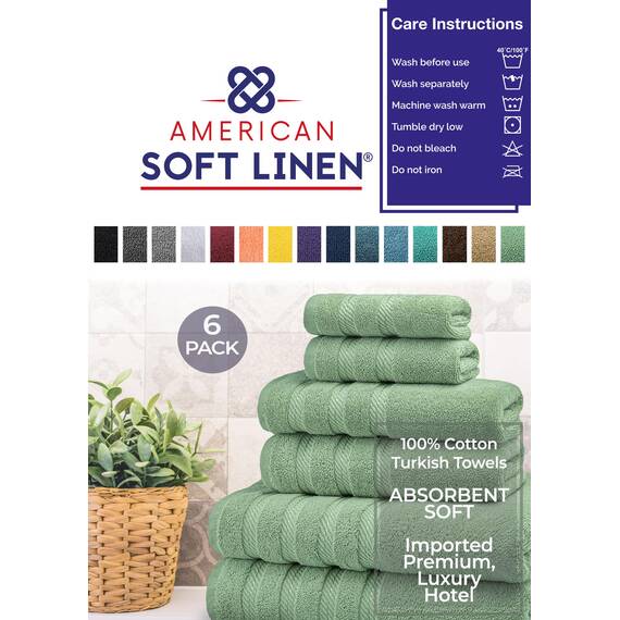 American Soft Linen, Handtuch-Set, 100% türkische Baumwolle, 6-teilig, saugfähig, langlebig, weich und flauschig, für Hotel- und Spa-Badetücher, 610 g/m², 2 Badetücher (Badwäsche-Set, Salbeigrün)