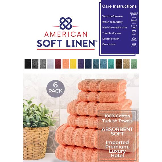 American Soft Linen, 6-teiliges Handtuch-Set, 100% türkische Baumwolle, saugfähig, langlebig, weich und flauschig, Hotel- und Spa-Badehandtücher, 610 g/m², Badwäsche-Set, Malibu Pfirsichfarben