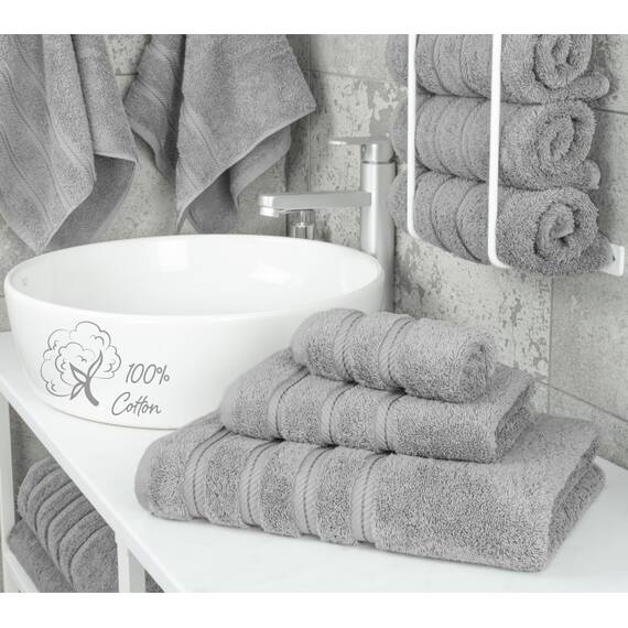 American Soft Linen Hochwertiges und luxuriöses Komplett-Set aus 3-teiligem Handtuch-Set für Küche und Bad, Baumwolle für maximale Weichheit und Saugfähigkeit, Rockridge Grey