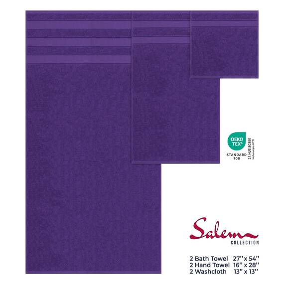 American Soft Linen Salem Türkisches Badetuch-Set, 100% Baumwolle, 600 g/m², 6 Stück Handtücher für Badezimmer, 2 Badetücher, 2 Handtücher, 2 Waschlappen, Lila