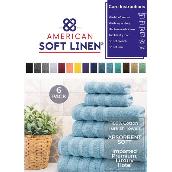 American Soft Linen 100% Türkische Carde Baumwolle 6-teiliges Handtuch-Set, 560 GSM Handtücher für Badezimmer, Superweich, 2 Badetücher, 2 Handtücher, 2 Waschlappen, Hellblau