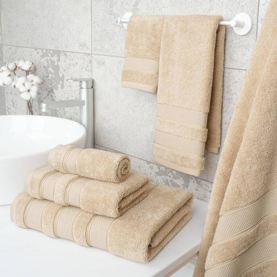 American Soft Linen Salem Türkisches Badetuch-Set, 100% Baumwolle, 600 g/m², 6 Stück Handtücher für Badezimmer, 2 Badetücher, 2 Handtücher, 2 Waschlappen, Beige