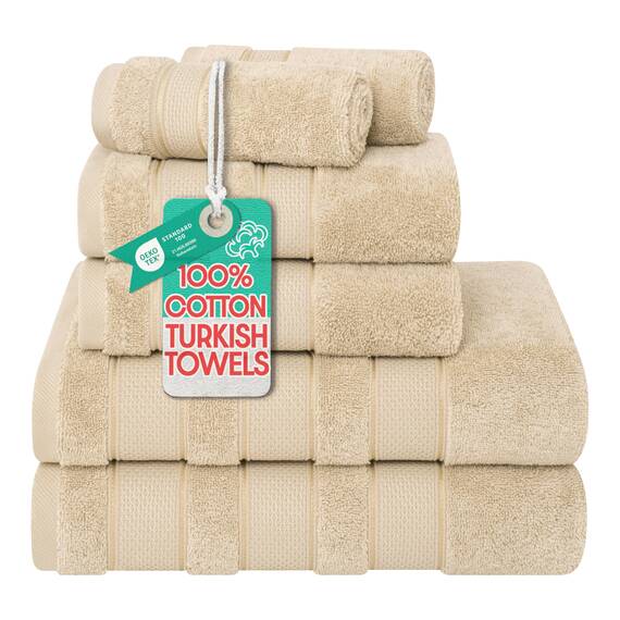 American Soft Linen Salem Türkisches Badetuch-Set, 100% Baumwolle, 600 g/m², 6 Stück Handtücher für Badezimmer, 2 Badetücher, 2 Handtücher, 2 Waschlappen, Beige