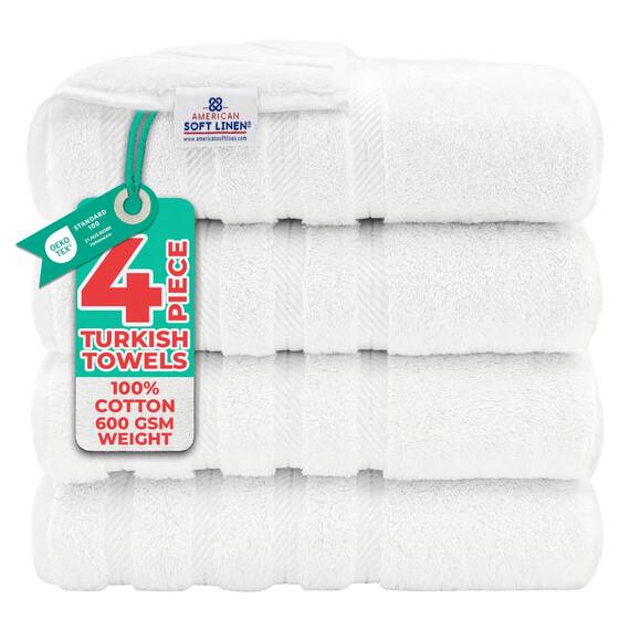 American Soft Linen, 4-teiliges Badetuch-Set, 100% türkische Baumwolle, 27 in 54 Badetücher für Badezimmer, weiche, saugfähige Badetücher, extra groß, schnell trocknende Duschtücher, hellweiß