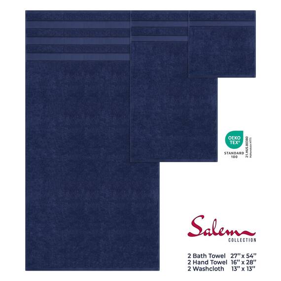 American Soft Linen Salem Türkisches Badetuch-Set, 100% Baumwolle, 600 g/m², 6 Stück Handtücher für Badezimmer, 2 Badetücher, 2 Handtücher, 2 Waschlappen, Marineblau