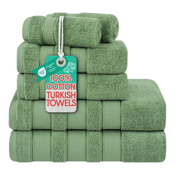 American Soft Linen Salem Türkisches Badetuch-Set, 100% Baumwolle, 600 g/m², 6 Stück Handtücher für Badezimmer, 2 Badetücher, 2 Handtücher, 2 Waschlappen, Salbeigrün
