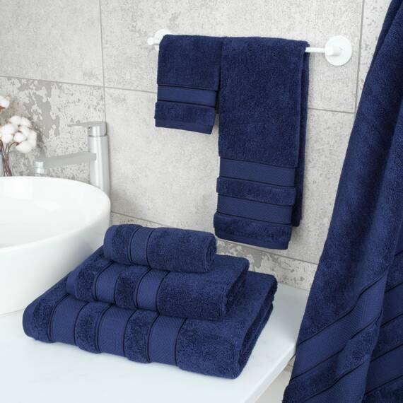 American Soft Linen Salem Türkisches Badetuch-Set, 100% Baumwolle, 600 g/m², 6 Stück Handtücher für Badezimmer, 2 Badetücher, 2 Handtücher, 2 Waschlappen, Marineblau