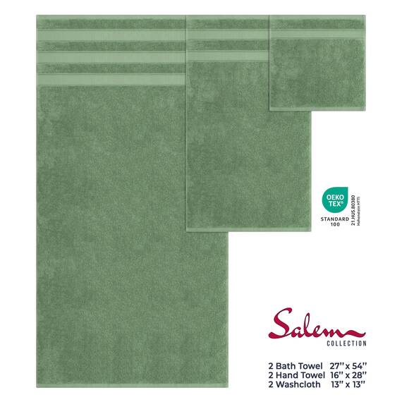 American Soft Linen Salem Türkisches Badetuch-Set, 100% Baumwolle, 600 g/m², 6 Stück Handtücher für Badezimmer, 2 Badetücher, 2 Handtücher, 2 Waschlappen, Salbeigrün
