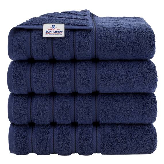 American Soft Linen, 4-teiliges Badetuch-Set, 100% türkische Baumwolle, 27 in 54 Badetücher für Badezimmer, weiche, saugfähige Badetücher, extra groß, schnell trocknende Duschtücher, Marineblau
