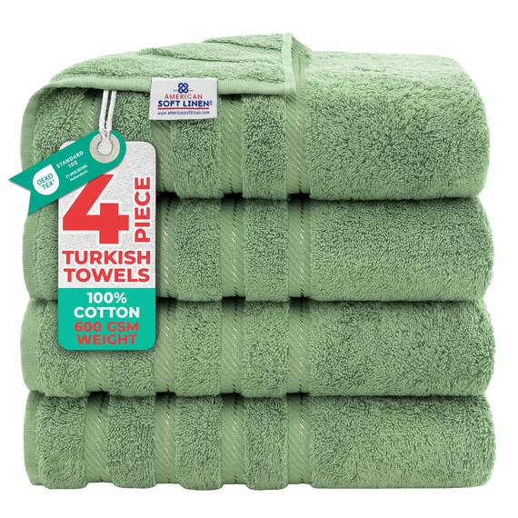 American Soft Linen, 4-teiliges Badetuch-Set, 100% türkische Baumwolle, 27 in 54 Badetücher für Badezimmer, weiche, saugfähige Badetücher, extra groß, schnell trocknende Duschtücher, salbeigrün