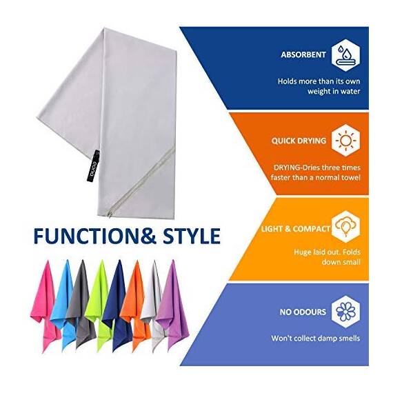 Eono Mikrofaser Handtuch, Saugfähig, Leicht, Schnelltrocknend, Perfektes Yogatuch, Badetuch, Sporthandtuch, Reisehandtuch, Groß Strandhandtuch, Microfiber Towel - Grau, 180 x 90 cm