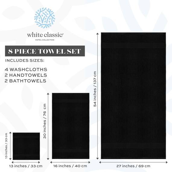 White Classic Luxuriöses Badetuch-Set 8-teilig – 100% türkische Baumwolle, sehr saugfähige Handtücher für Badezimmer, 2 Luxus-Badetücher 700 g/m², 2 Handtücher, 4 Waschlappen, Schwarz