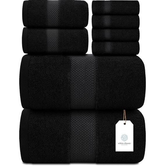 White Classic Luxuriöses Badetuch-Set 8-teilig – 100% türkische Baumwolle, sehr saugfähige Handtücher für Badezimmer, 2 Luxus-Badetücher 700 g/m², 2 Handtücher, 4 Waschlappen, Schwarz