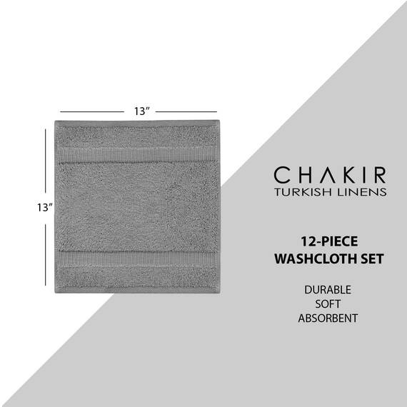Chakir Turkish Linens 100% Turkish Cotton Luxury Hotel & Spa Washcloth Set (Set of 12, Gray)