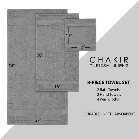 Chakir Turkish Linens | Hotel- & Spa-Qualität 100% Baumwolle Premium türkische Handtücher | weich und saugfähig (8-teilige Handtuch-Sets, Grau)