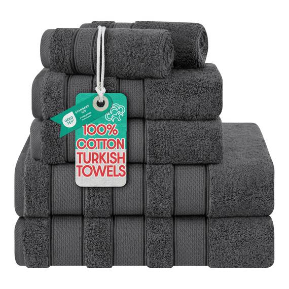 American Soft Linen Salem Türkisches Badetuch-Set, 100% Baumwolle, 600 g/m², 6-teiliges Handtuch für Badezimmer, 2 Badetücher, 2 Handtücher, 2 Waschlappen, Dunkelgrau