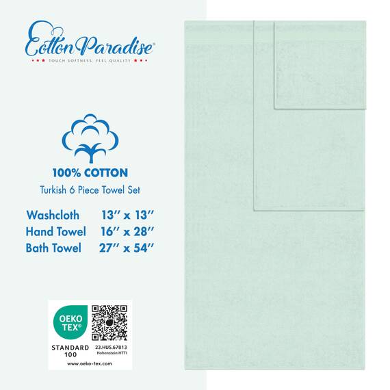 Cotton Paradise 6-teiliges Handtuch-Set, 100% Baumwolle, weich, saugfähig, türkische Handtücher für Badezimmer, 2 Badetücher, 2 Handtücher, 2 Waschlappen, Minzhandtuch-Set