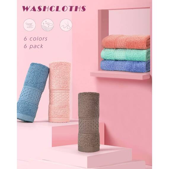 Cleanbear Waschlappen-Set, 100% Baumwolle, sehr saugfähig, 6 Stück, 6 Farben, Größe 13 x 13 cm