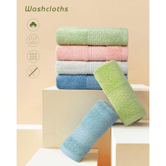 Cleanbear Waschlappen aus Reiner Baumwolle, 6 Farben pro Set, 33 x 33 cm (Hellblau, Jadegrün, Hellgrün, Grau, Hellgrau, Rosa)