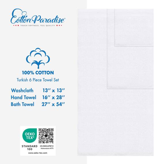Cotton Paradise 6-teiliges Handtuch-Set, 100% Baumwolle, weich, saugfähig, türkische Handtücher für Badezimmer, 2 Badetücher, 2 Handtücher, 2 Waschlappen, weißes Handtuch-Set