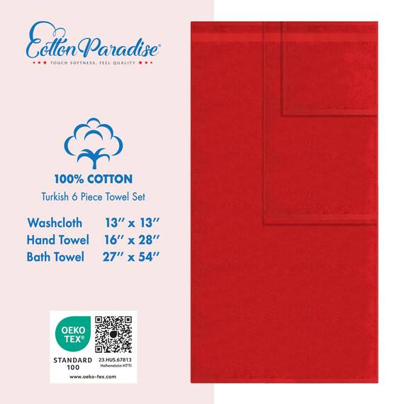 Cotton Paradise 6-teiliges Handtuch-Set, 100% Baumwolle, weich, saugfähig, türkische Handtücher für Badezimmer, 2 Badetücher, 2 Handtücher, 2 Waschlappen, rotes Handtuch-Set