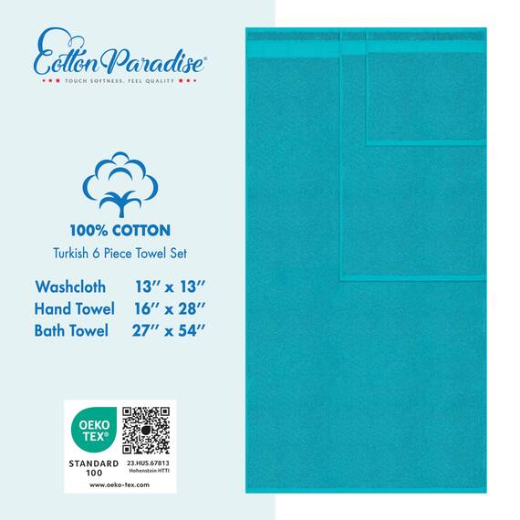 Cotton Paradise 6-teiliges Handtuch-Set, 100 % Baumwolle, weich, saugfähig, türkische Handtücher für Badezimmer, 2 Badetücher, 2 Handtücher, 2 Waschlappen, Aquablau, Handtuch-Set
