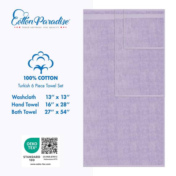 Cotton Paradise 6-teiliges Handtuch-Set, 100% Baumwolle, weich, saugfähig, türkische Handtücher für Badezimmer, 2 Badetücher, 2 Handtücher, 2 Waschlappen, lila Handtuch-Set