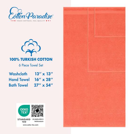 Cotton Paradise 6-teiliges Handtuch-Set, 100% Baumwolle, weich, saugfähig, türkische Handtücher für Badezimmer, 2 Badetücher, 2 Handtücher, 2 Waschlappen, Korallenhandtuch-Set