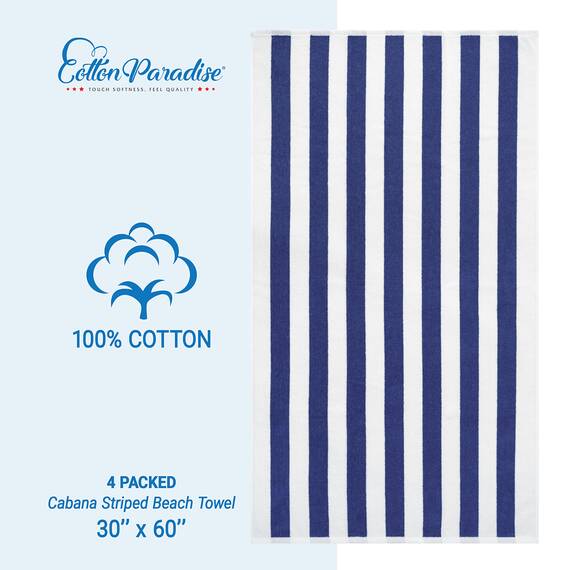 Cotton Paradise, Cabana-gestreifte Strandtücher, 4er-Pack, 76,2 x 152,4 cm, extra große Pool-Handtücher, weich, saugfähig, schnell trocknend, Marineblau