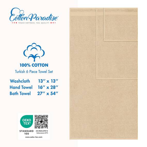 Cotton Paradise 6-teiliges Handtuch-Set, 100% türkische Baumwolle, weiche saugfähige Handtücher für Badezimmer, 2 Badetücher, 2 Handtücher, 2 Waschlappen, Sand Taupe Handtuch-Set
