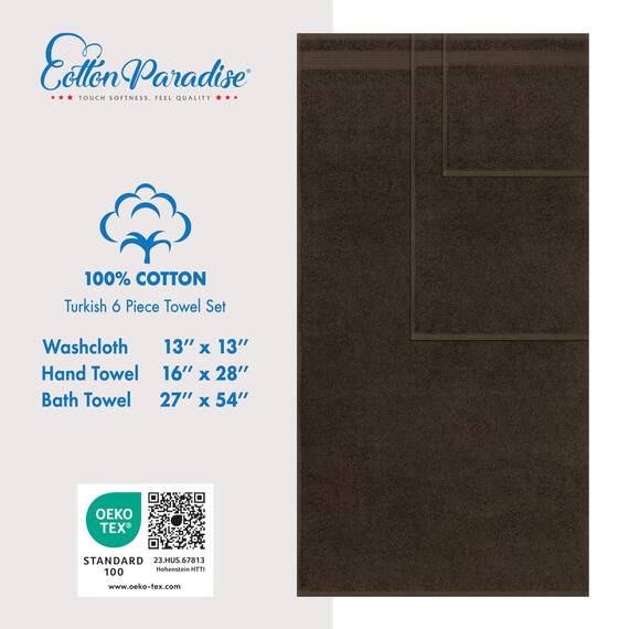 Cotton Paradise 6-teiliges Handtuch-Set, 100% türkische Baumwolle, weiche, saugfähige Handtücher für Badezimmer, 2 Badetücher, 2 Handtücher, 2 Waschlappen, braunes Handtuch-Set