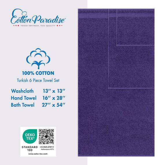 Cotton Paradise 6-teiliges Handtuch-Set, 100% Baumwolle, weich, saugfähig, türkische Handtücher für Badezimmer, 2 Badetücher, 2 Handtücher, 2 Waschlappen, lila Handtuch-Set