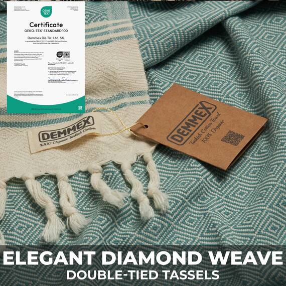 DEMMEX Bio-Baumwolle Hamamtuch 90x180cm groß | Diamond Weave Pestemal | 100% Türkische Baumwolle Saunahandtuch | Leichtes Strandtuch & Badetuch | Saugstark, Schnelltrocknend & Platzsparend, Königlich