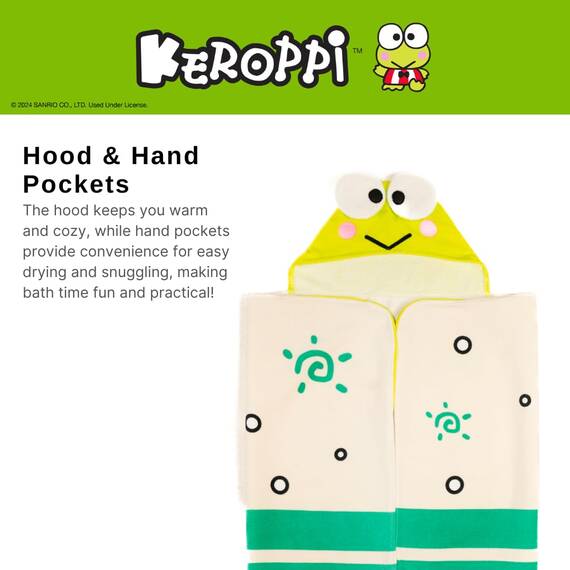 Sanrio Keroppi Kapuzenhandtuch für Kinder, superweich, für Bad/Pool/Strand, weiches Baumwoll-Frottee, 61 x 127 cm, offizielles Lizenzprodukt Franco