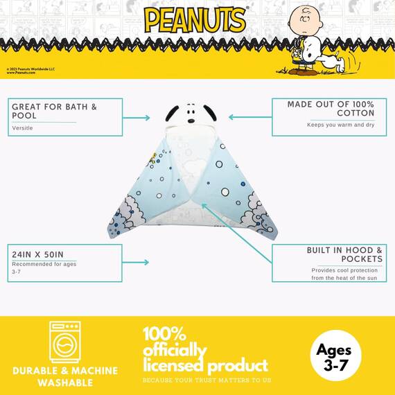 Franco Peanuts Snoopy Kapuzenhandtuch für Kinder, superweich, für Bad/Pool/Strand, weiches Baumwoll-Frottee, 61 x 127 cm, offizielles Lizenzprodukt