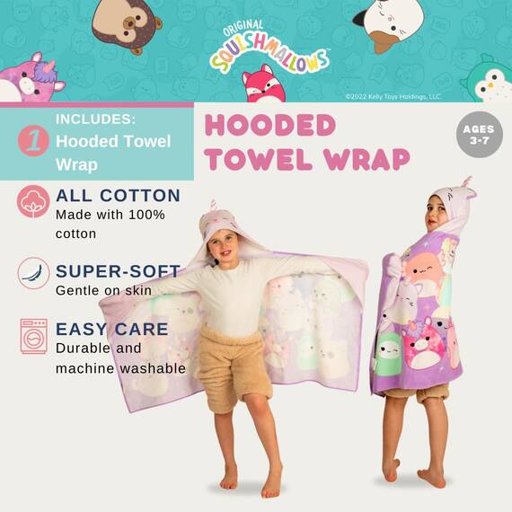 Franco Squishmallows Kinder-Kapuzenhandtuch, superweich, für Bad/Pool/Strand, weiches Baumwoll-Frottee, 61 x 127 cm, offizielles Lizenzprodukt