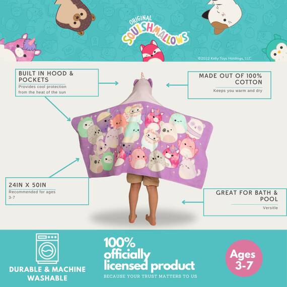 Franco Squishmallows Kinder-Kapuzenhandtuch, superweich, für Bad/Pool/Strand, weiches Baumwoll-Frottee, 61 x 127 cm, offizielles Lizenzprodukt