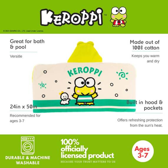 Sanrio Keroppi Kapuzenhandtuch für Kinder, superweich, für Bad/Pool/Strand, weiches Baumwoll-Frottee, 61 x 127 cm, offizielles Lizenzprodukt Franco