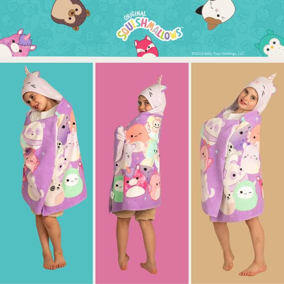 Franco Squishmallows Kinder-Kapuzenhandtuch, superweich, für Bad/Pool/Strand, weiches Baumwoll-Frottee, 61 x 127 cm, offizielles Lizenzprodukt