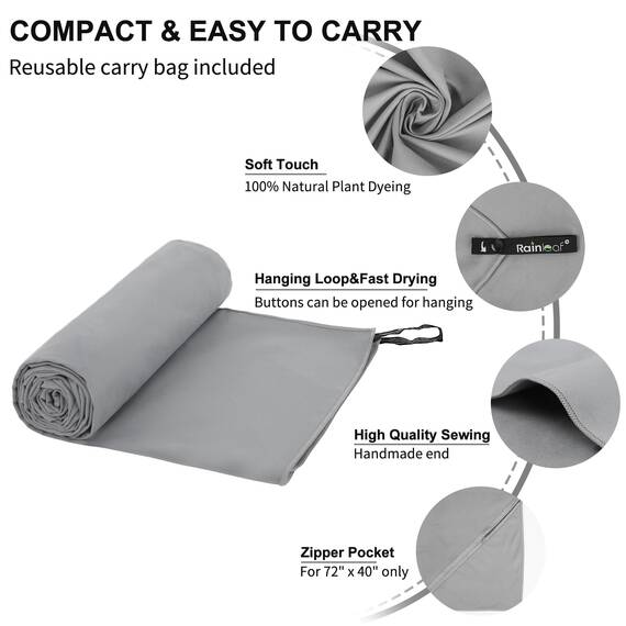 Mikrofaser-Handtuch von RainLeaf Perfektes Sport-, Reise- & Strandtuch. Schnell trocknend – Sehr saugfähig – Ultrakompakt. Geeignet für Camping, Fitnesstudio, grau, XX-Large (100 x 180 cm)