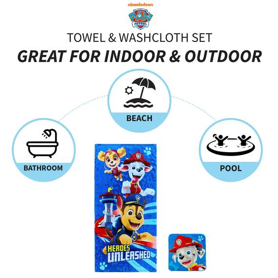Franco Paw Patrol Kinder Badetuch / Pool / Strand, weiches Baumwoll-Frottee-Handtuch mit Waschlappen, 2-teiliges Set, 127 x 63,5 cm