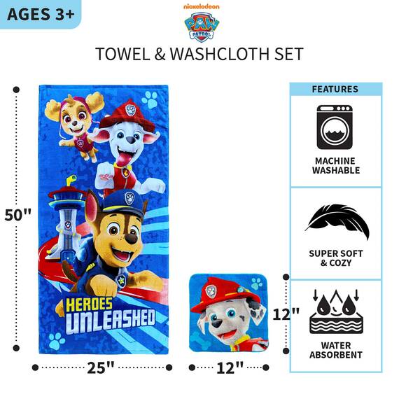 Franco Paw Patrol Kinder Badetuch / Pool / Strand, weiches Baumwoll-Frottee-Handtuch mit Waschlappen, 2-teiliges Set, 127 x 63,5 cm
