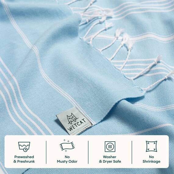 WETCAT Vorgewaschenes Super weiches türkisches Handtuch, 100% Baumwolle, Stranddecke, Pestemal, Fouta, Überwurf – für Bad, Strand, Pool, Picknick, Reisen, 94 x 178 cm – Katze Katze Basic Light Blue